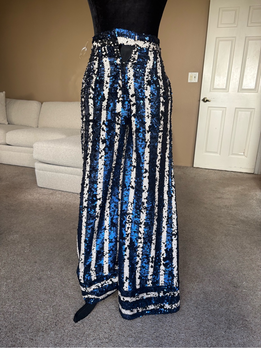 Sequin Wide-Leg Stripe Pants - Blue, Black & White